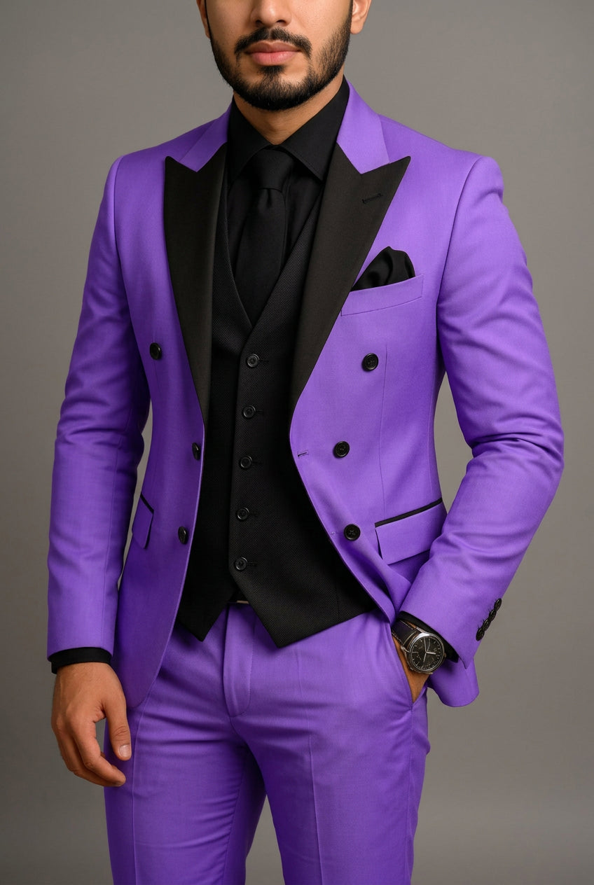 Man wearing a purple suit with black lapels and trim against a neutral background.