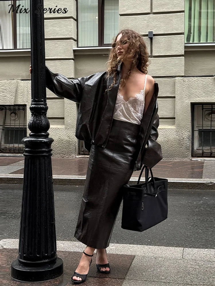 Vintage Biker Leather Jacket Skirts Suit