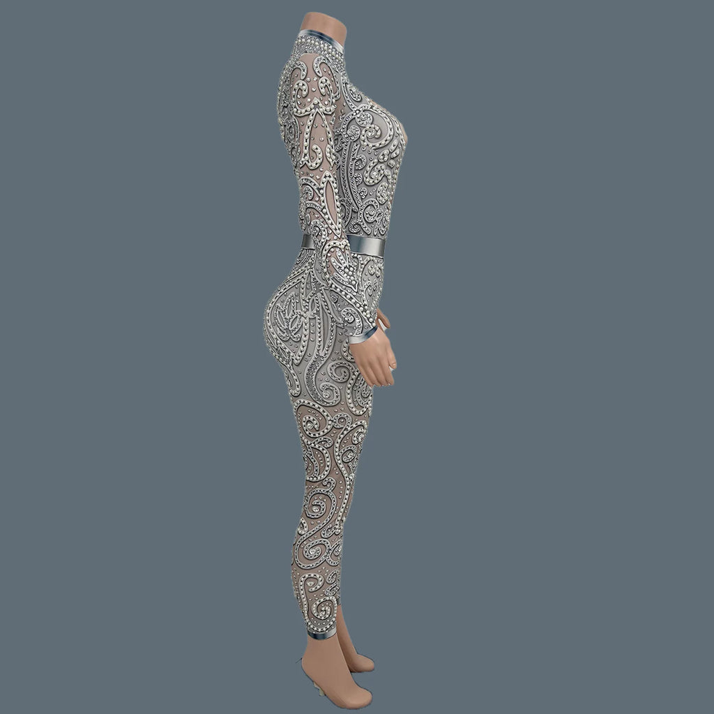 Rhinestone Pearls Spandex Jumpsuit