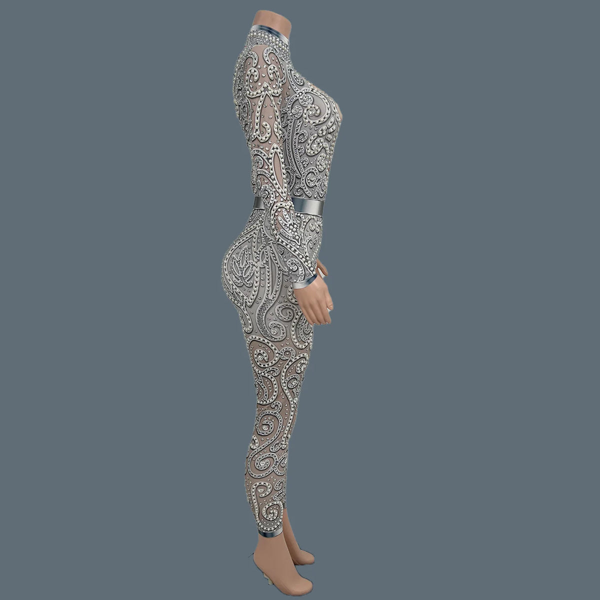 Rhinestone Pearls Spandex Jumpsuit
