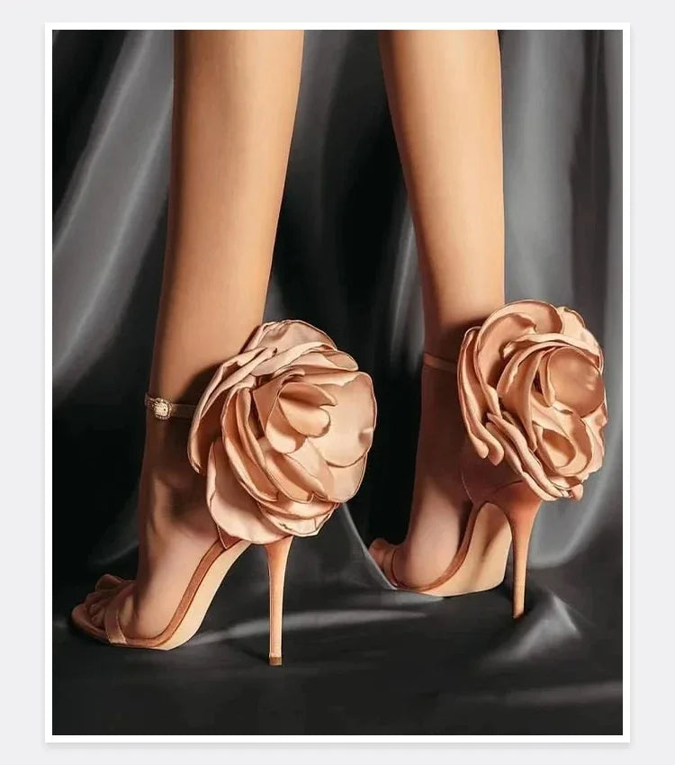 floral round toe slim heel one-piece party sandals