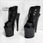 Black Patent Leather Ankle Strap Low Tube Boots