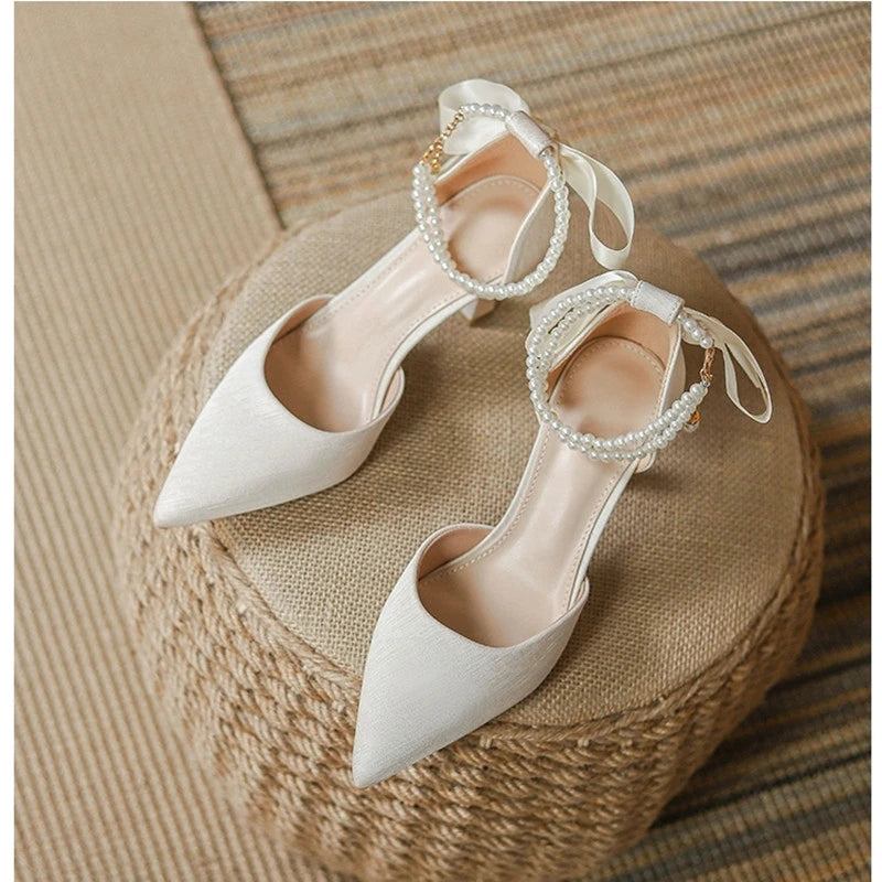 String Bead Pearls High Heels