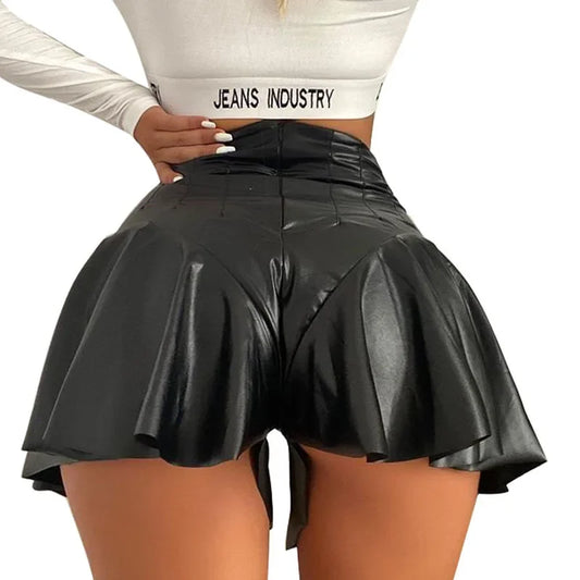 High Waist PU Leather Ruffle Trim Short