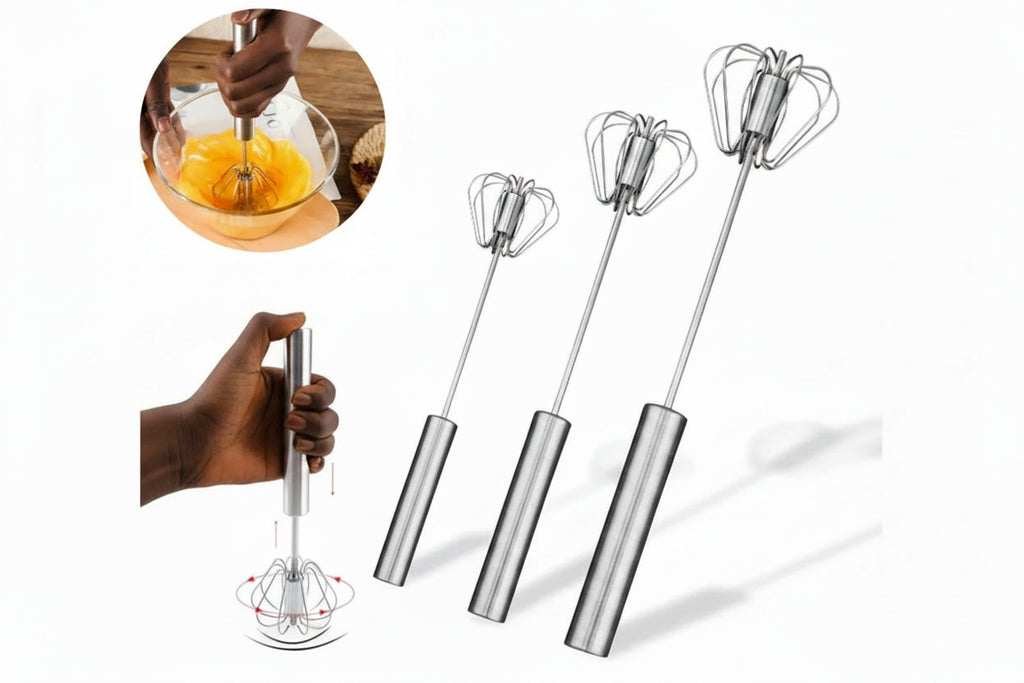 Metallic whisk being used to mix ingredients with a close-up of the whisk on a white background.