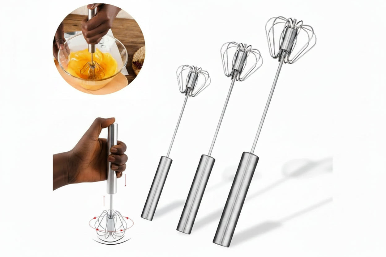 Metallic whisk being used to mix ingredients with a close-up of the whisk on a white background.