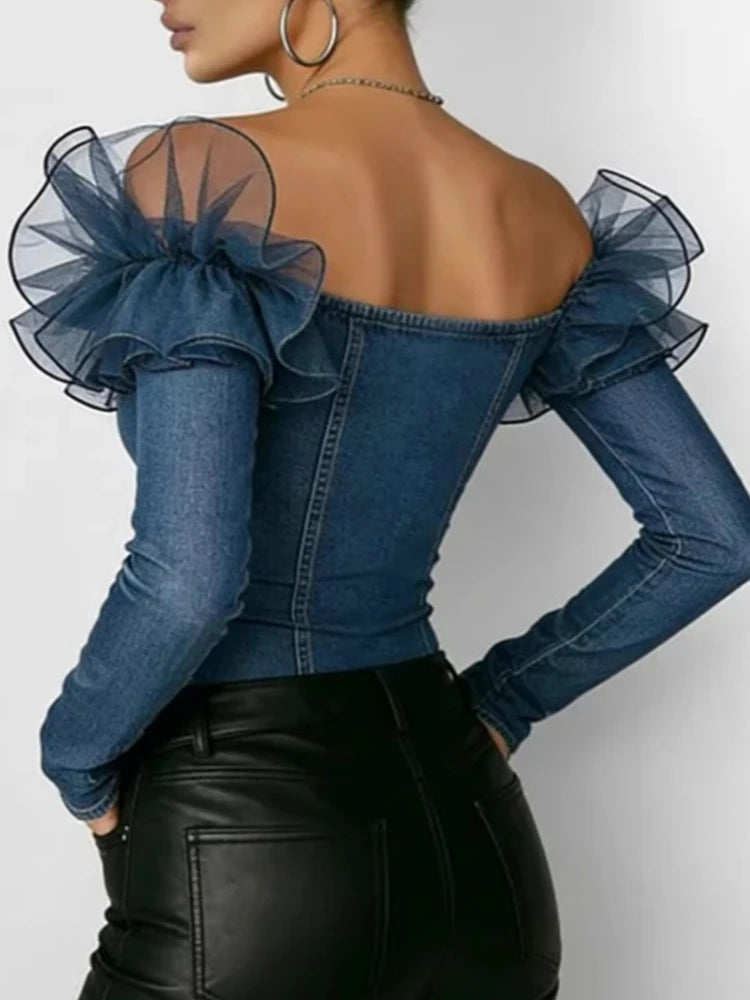 Retro Denim Off-shoulder Top