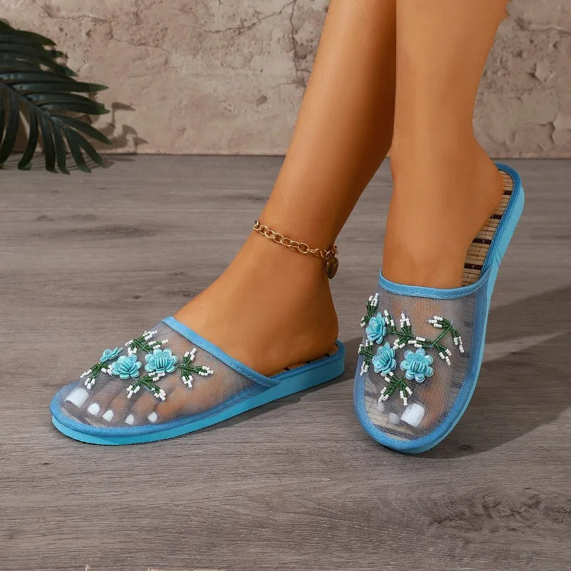 Closed Toe Embroider Flower Solid Soft Bottom Sandals