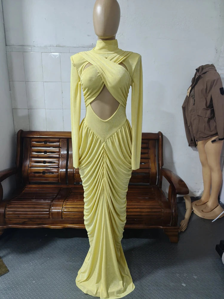 Women's High Neck Solid Full Sleeve Hollow Out Ruched Maxi Dress