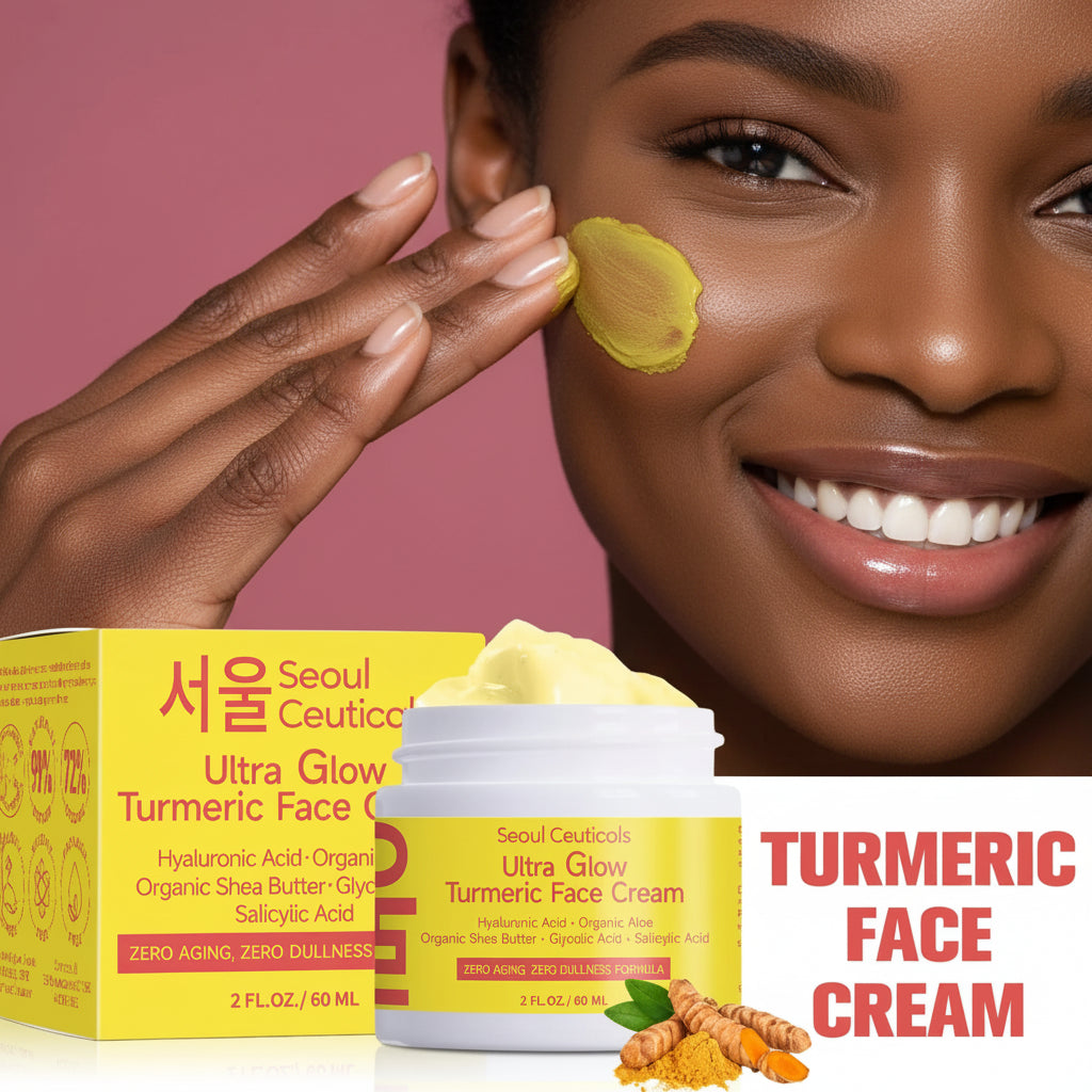 Woman applying turmeric face cream with product packaging in the foreground