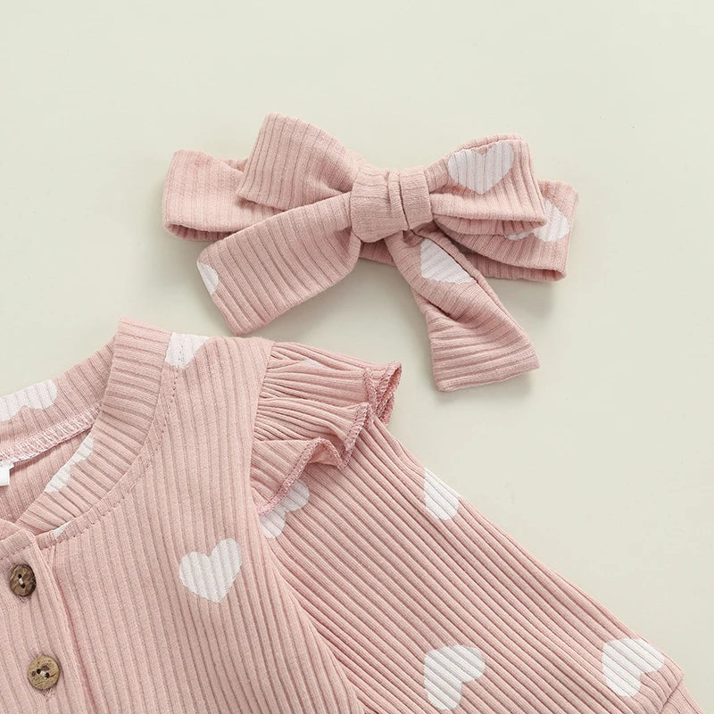 Newborn Baby Girls Romper Ruffle Ribbed Bodysuit Heart Jumpsuit with Headband Outfits 0-18M