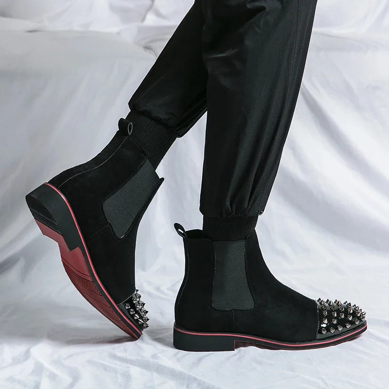 Chelsea Boots Flock Rivet Square Toe Red Sole