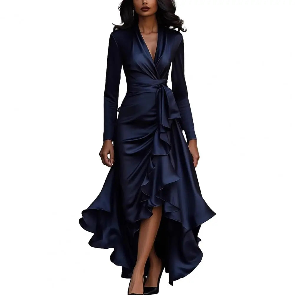 Evening Dress V Neck High Waist Slim Fit Ruffle