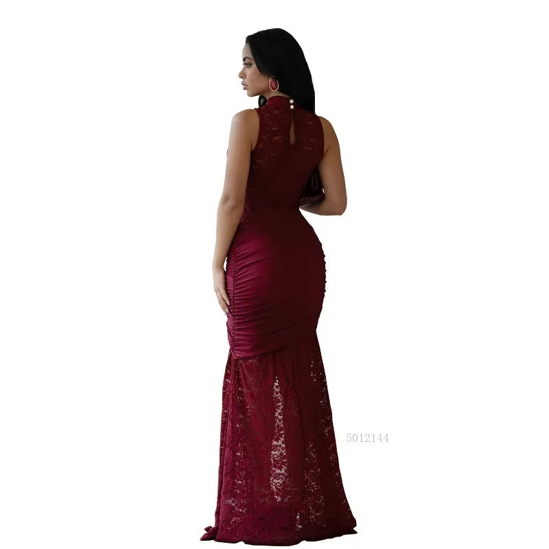 Lace Ruched High Split Maxi  Dress