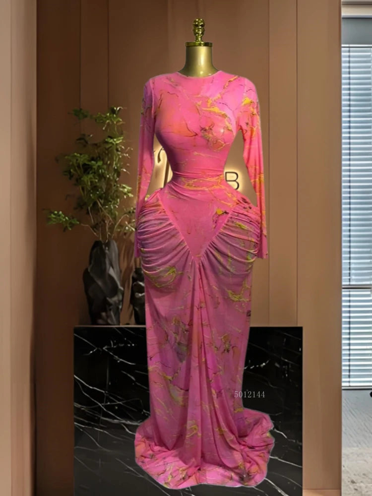 Tie Dye Printed Stacked Ruched Midi Bodycon Maxi Dress
