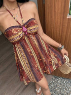 Bohemian Retro Paisley Print Sequin Rhombus Halter Mini Dress
