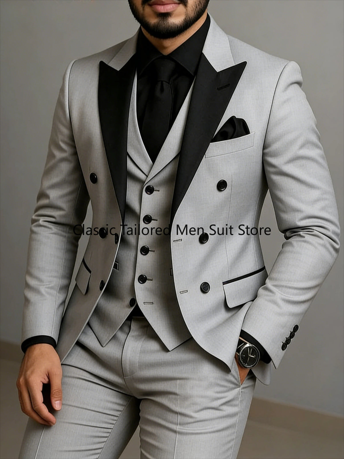 Black Lapel Beige Double Breasted Suit