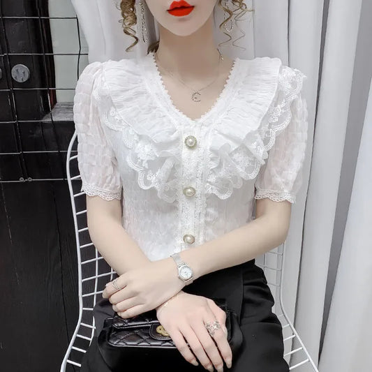 Chiffon Elegant V-Neck Lotus Leaf Edge Lace Top Shirt