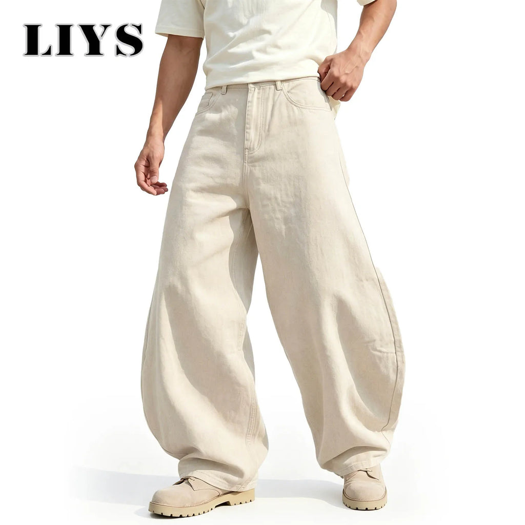 LIYS Men's American Beige Loose Wide Leg Jeans