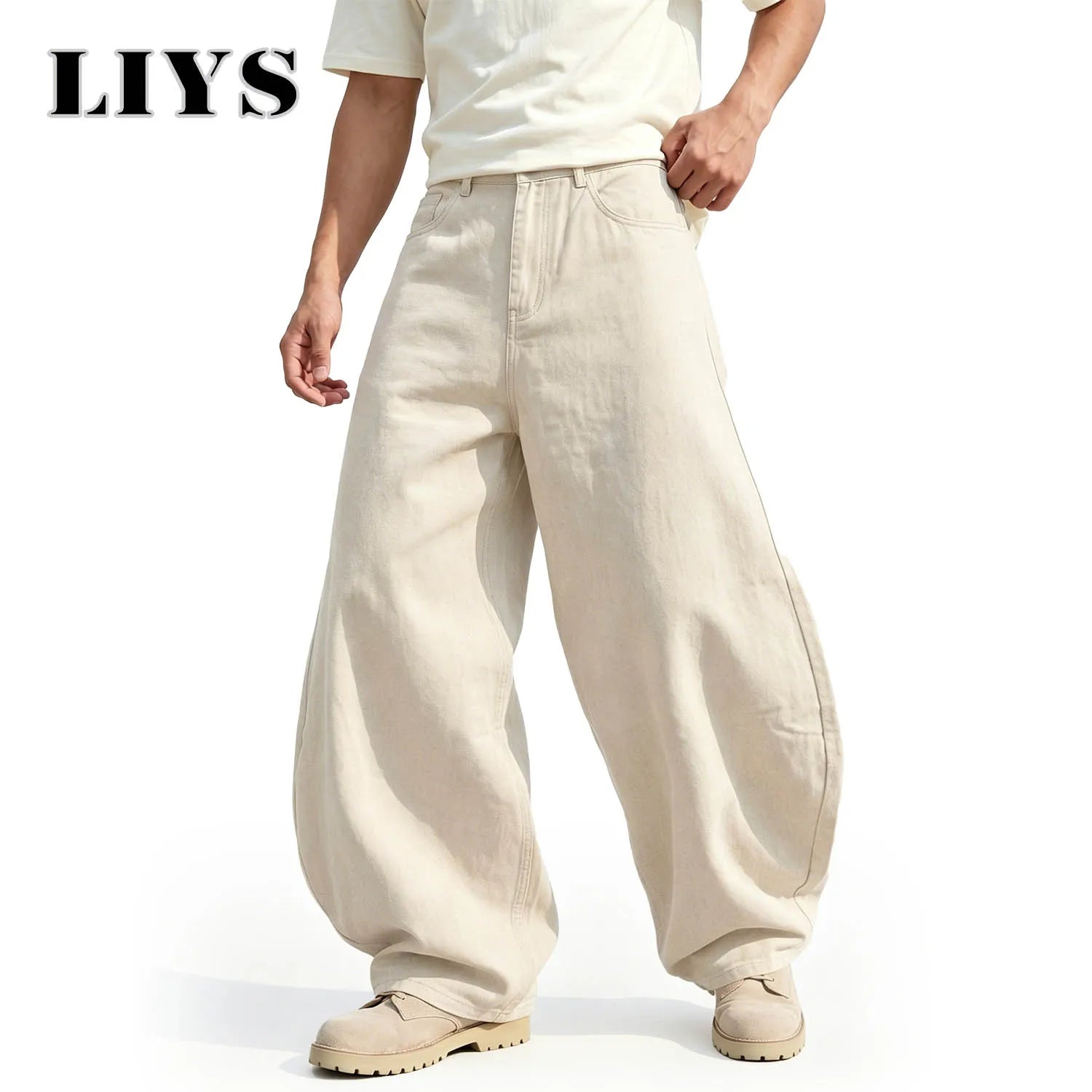LIYS Men's American Beige Loose Wide Leg Jeans