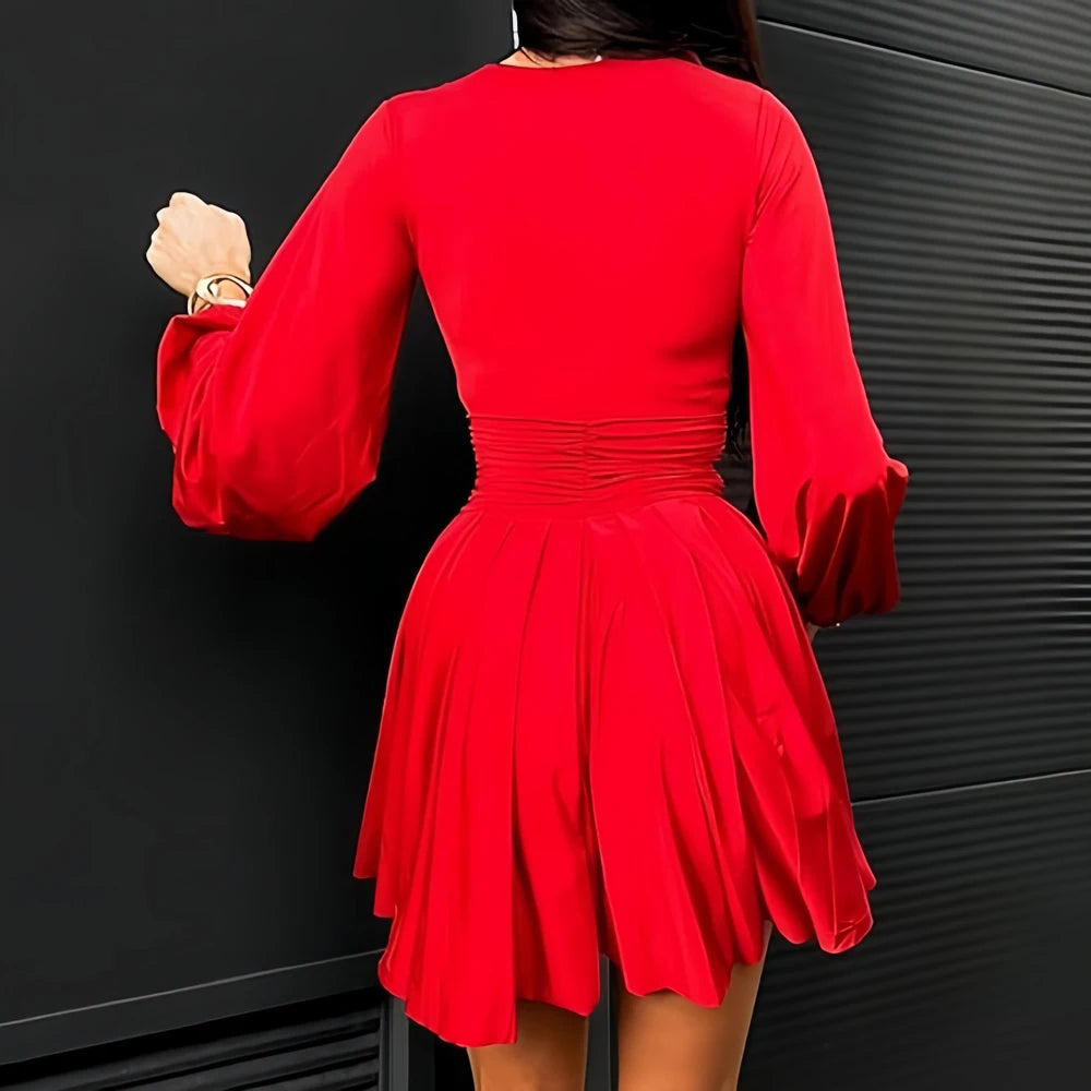 Summer Dresses Women's Sexy Long Sleeve Deep V-Neck Waist Gather Button Detail Sandy Casual Mini Length Dress Dropshipping