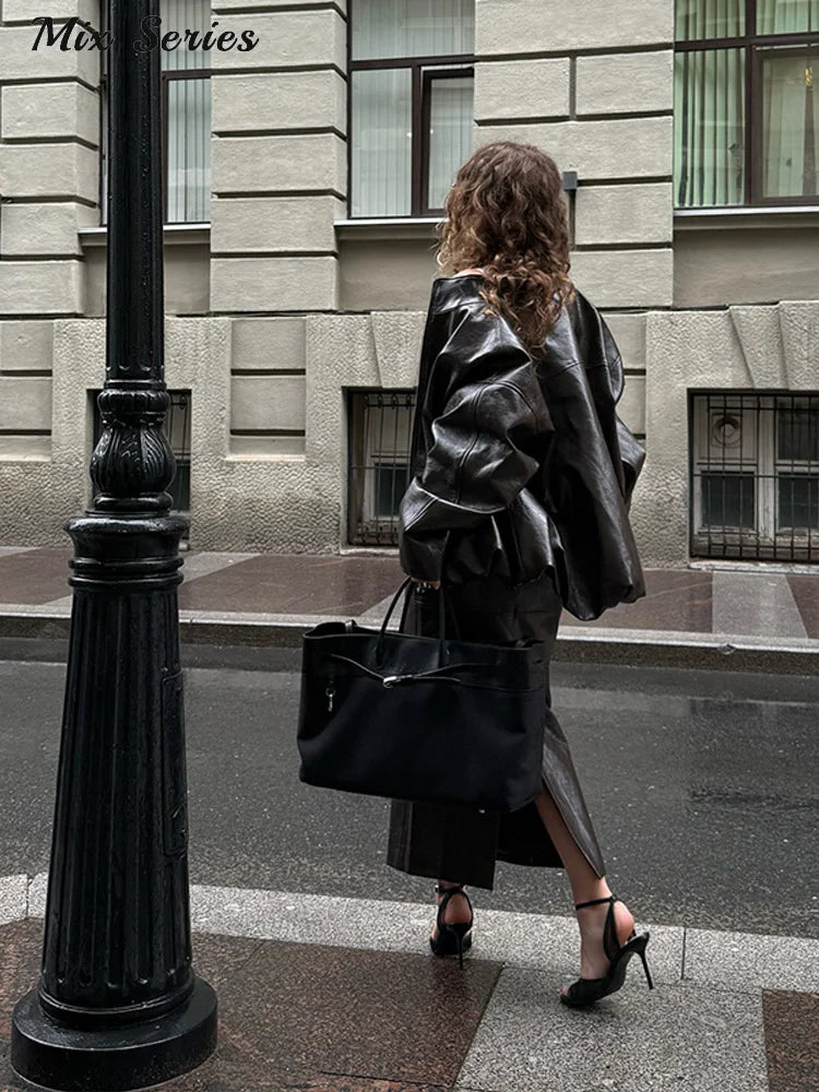 Vintage Biker Leather Jacket Skirts Suit