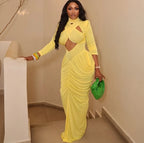 Women's High Neck Solid Full Sleeve Hollow Out Ruched Maxi Dress