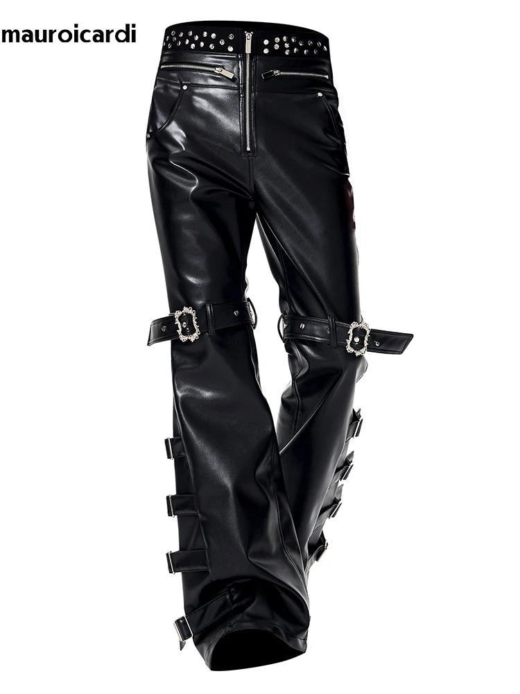 Mauroicardi Long Black Pu Leather Flare Pants