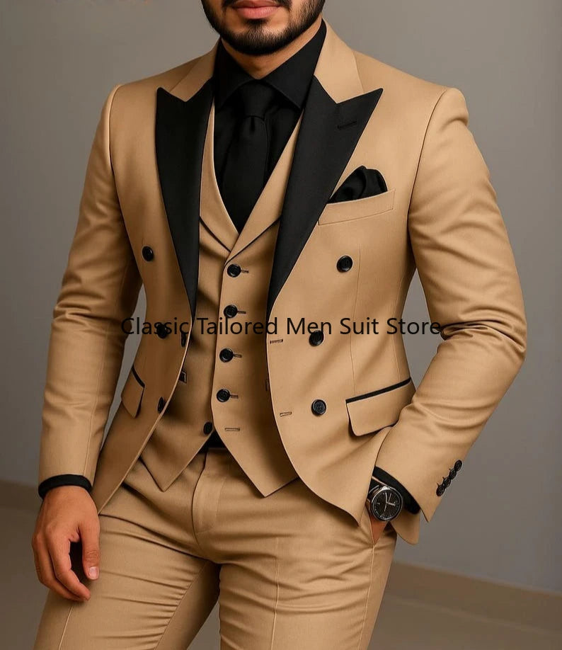 Black Lapel Beige Double Breasted Suit