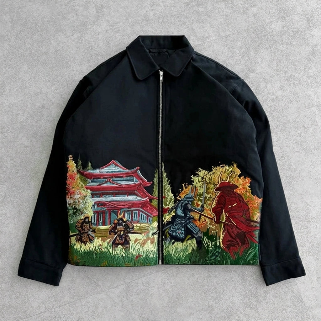 Black jacket with artistic designs of samurai and a temple on a gray background, featuring 'Block 27 Store' branding.