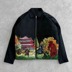 Black jacket with artistic designs of samurai and a temple on a gray background, featuring 'Block 27 Store' branding.