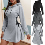 Waist long Sleeve Hooded Pullover dress