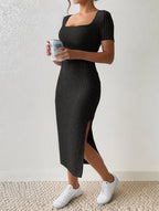 Sleeved versatile knitted slit dress