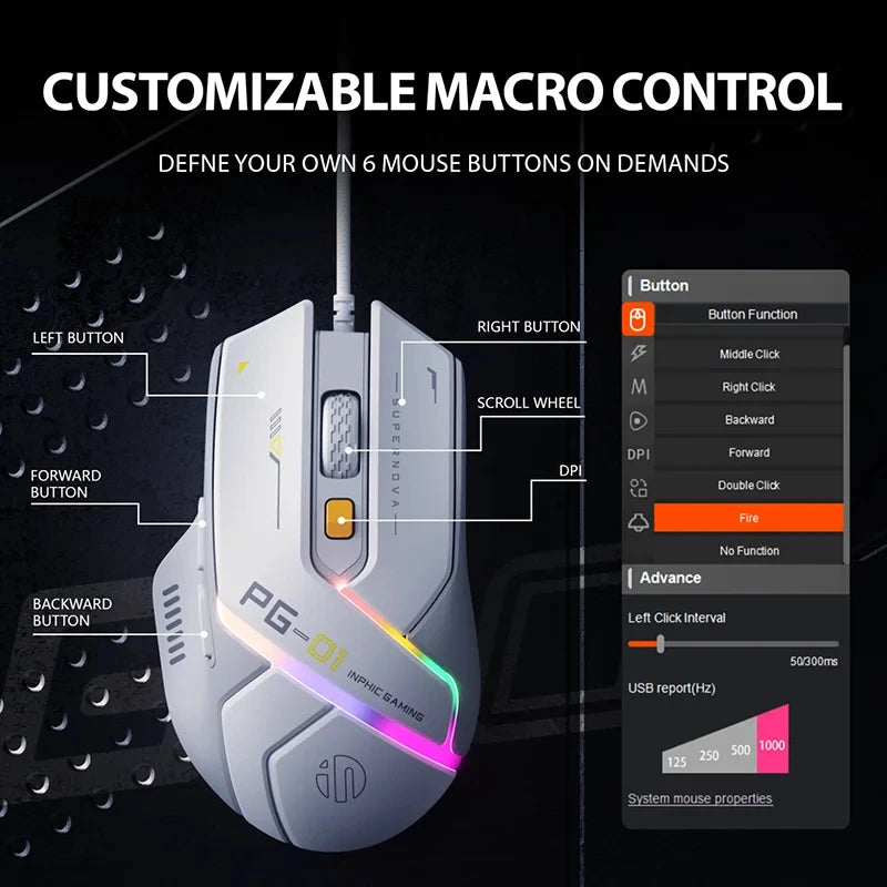 Inphic PG1 PG9 RGB Wired Gaming Mouse Ergonomics 1000Hz