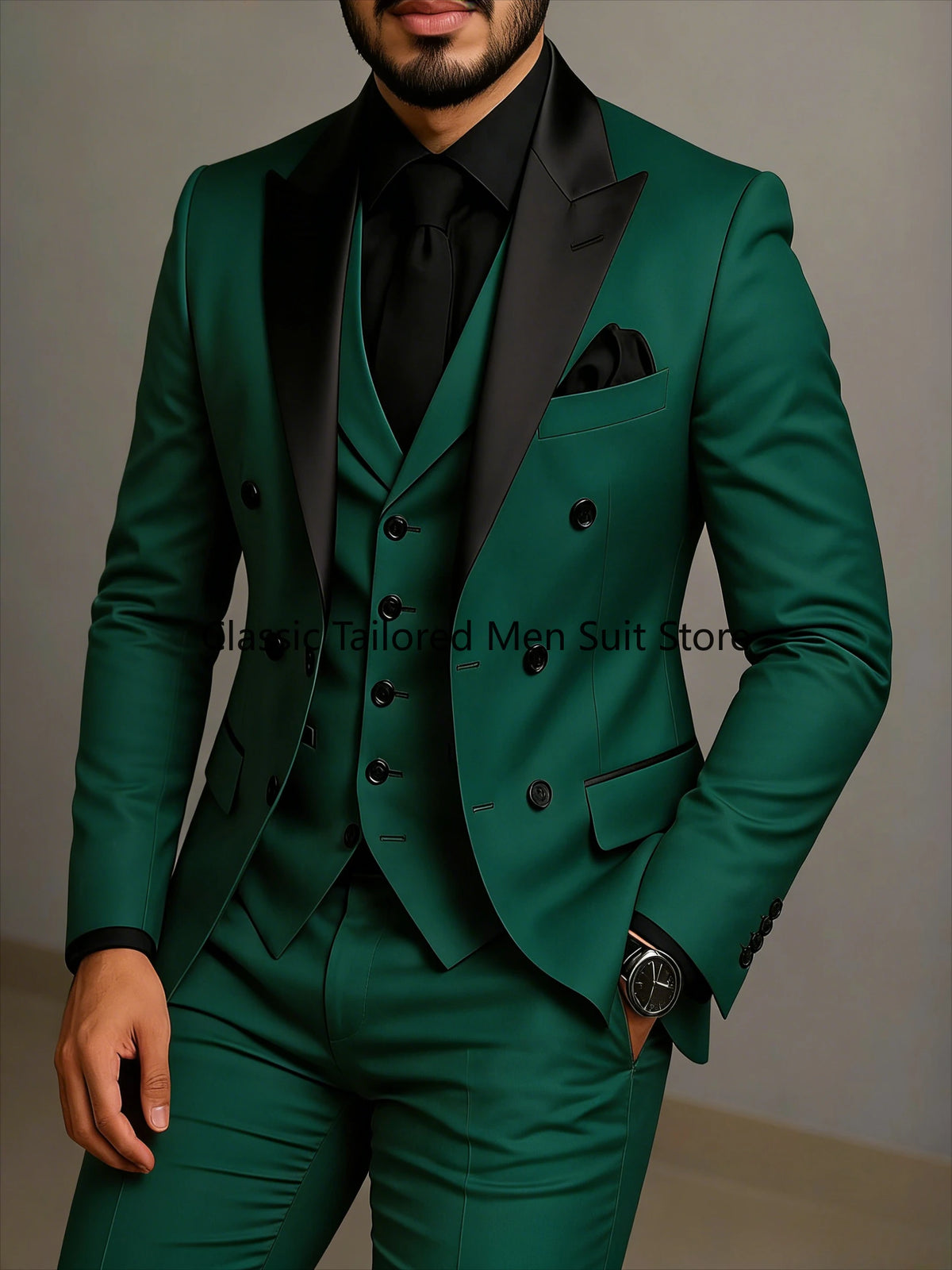 Black Lapel Beige Double Breasted Suit