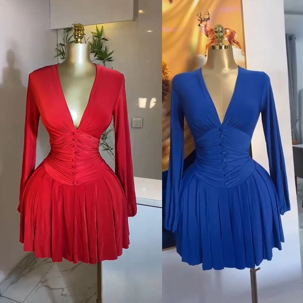 Summer Dresses Women's Sexy Long Sleeve Deep V-Neck Waist Gather Button Detail Sandy Casual Mini Length Dress Dropshipping