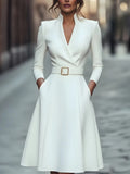 V-neck waist-cinching long-sleeved dress