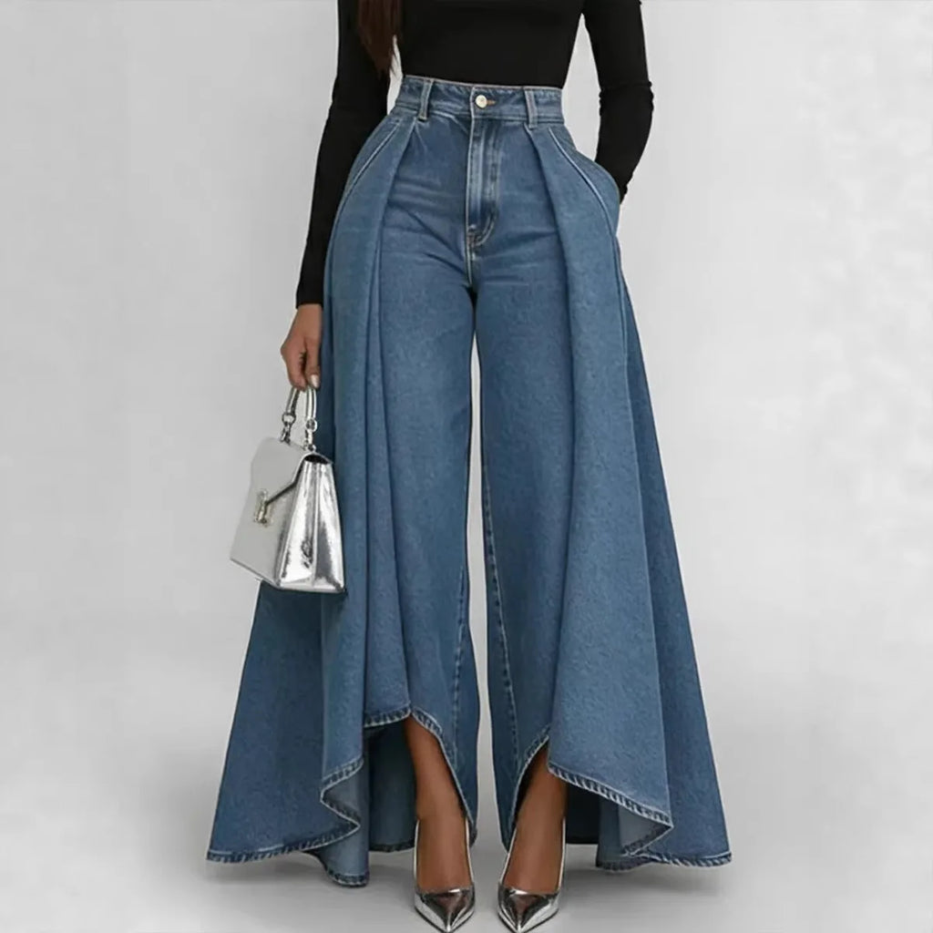 Wide-leg jeans with a high-waist design on a white background