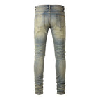 Men Cracked Patch Stretch Denim Jeans