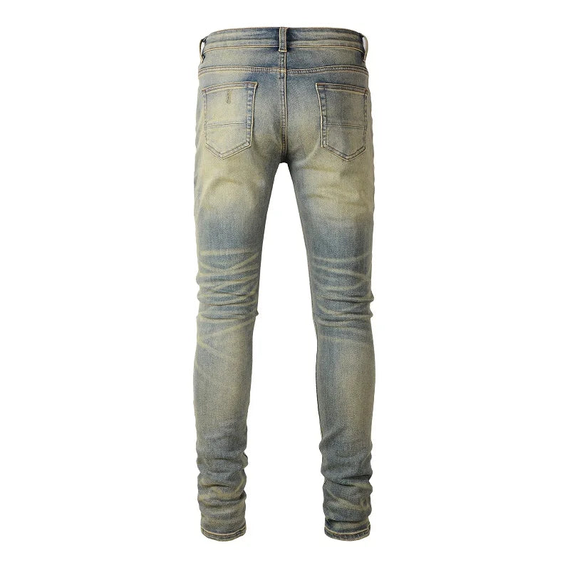 Men Cracked Patch Stretch Denim Jeans