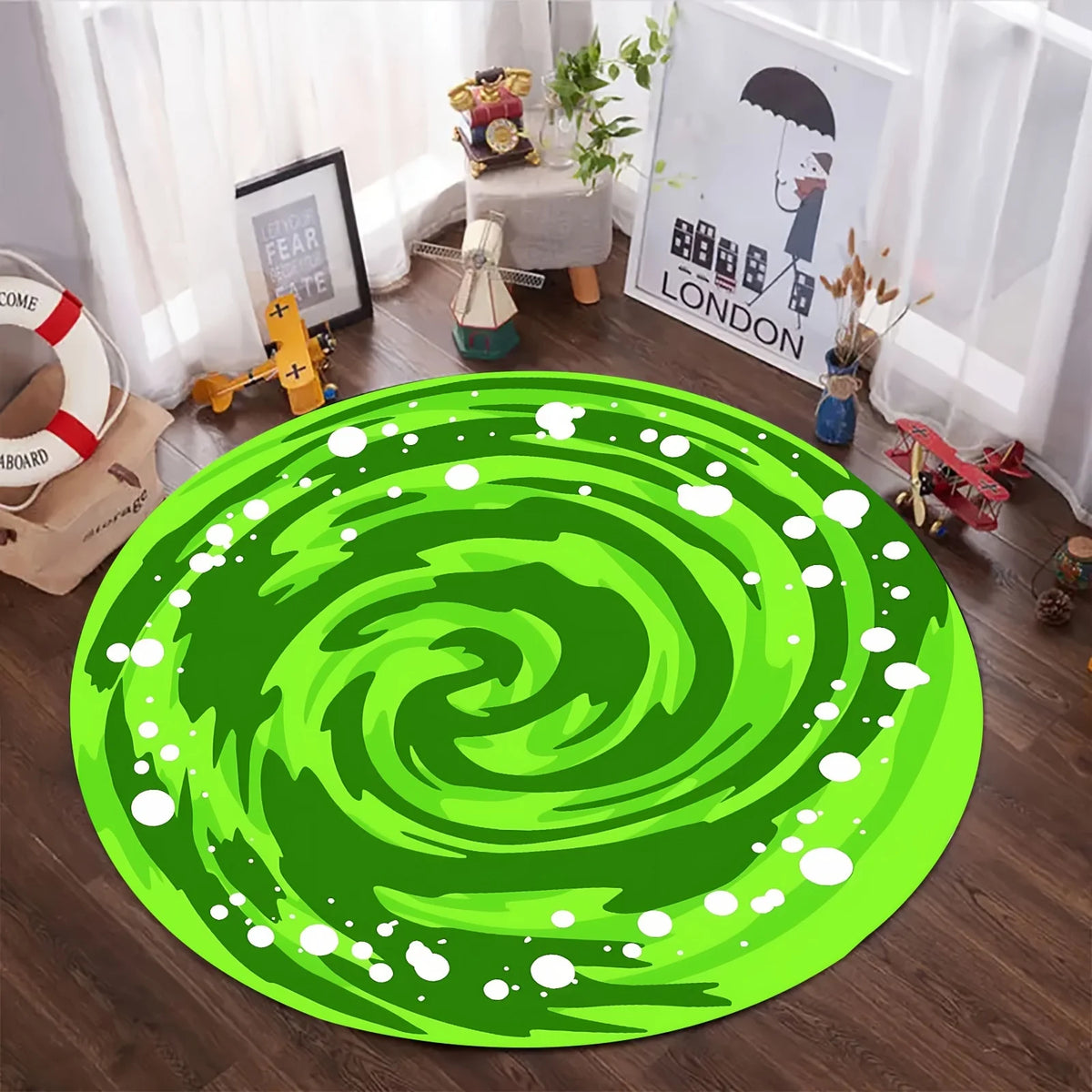 Vibrant Green Swirl Round Area Rug