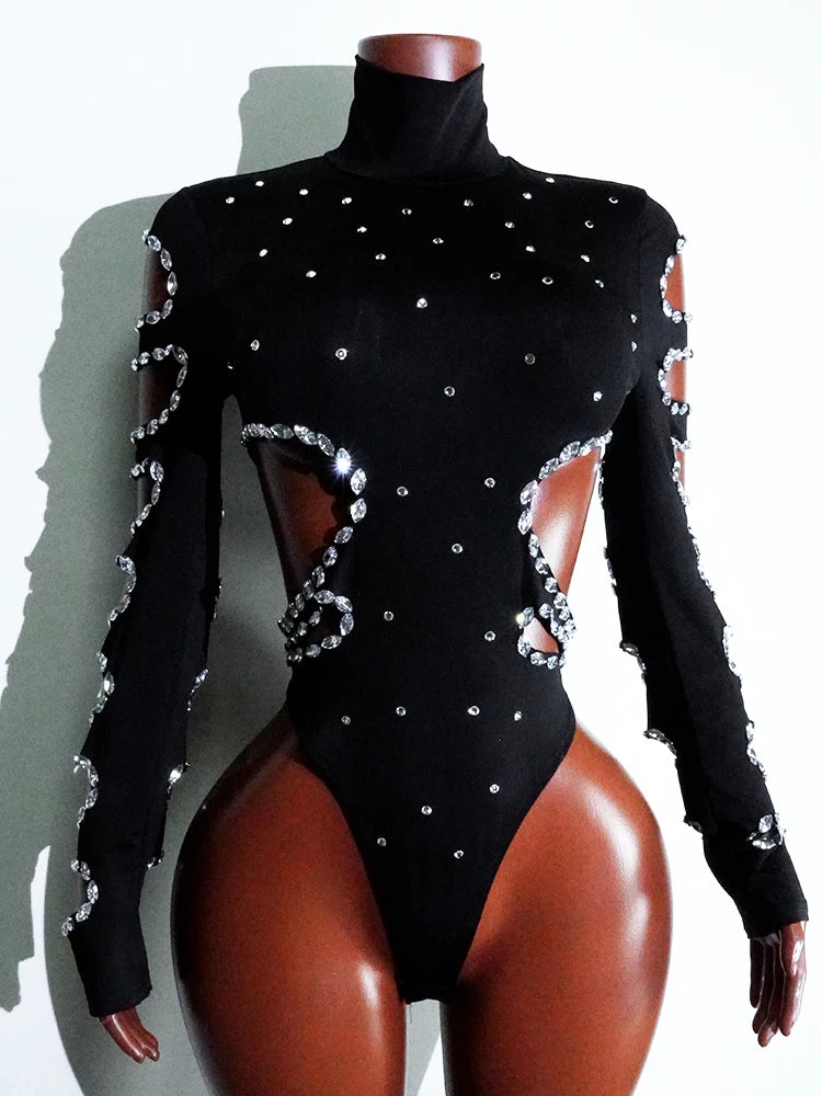 Rhinest Hollow Out Black Women Bodysuit Pants