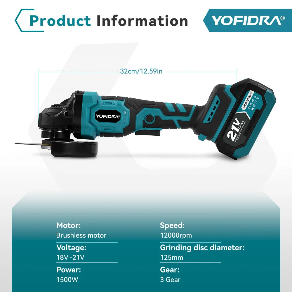 YOFIDRA 125MM Brushless Electric Angle Grinder 3000W