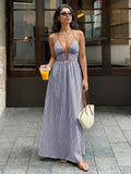 Women Summer Dresses 2026 New Backless Halter Sleeveless Deep V-Neck High Waist Dress Female Sexy Holiday Beach Striped Dress
