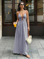 Women Summer Dresses 2026 New Backless Halter Sleeveless Deep V-Neck High Waist Dress Female Sexy Holiday Beach Striped Dress