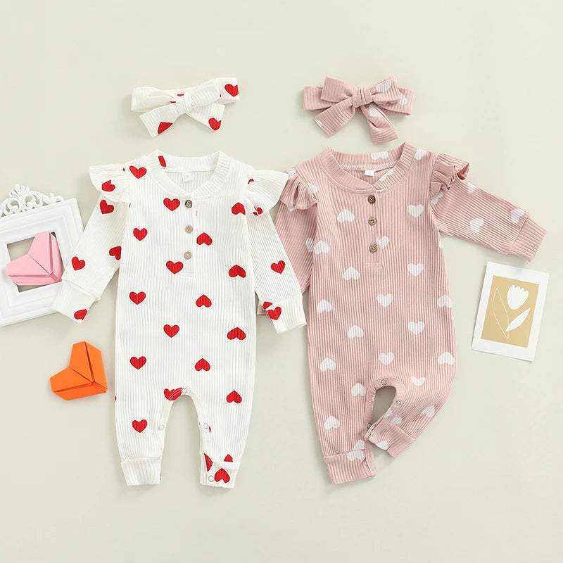 Newborn Baby Girls Romper Ruffle Ribbed Bodysuit Heart Jumpsuit with Headband Outfits 0-18M