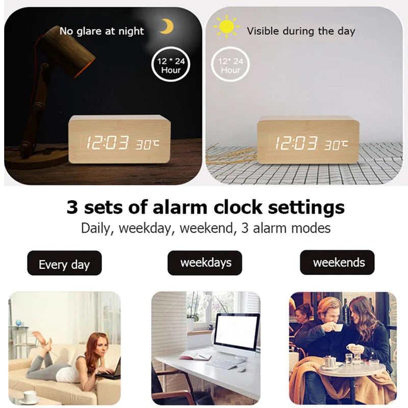 Wooden Digital Alarm Clock, LED Alarm Clock