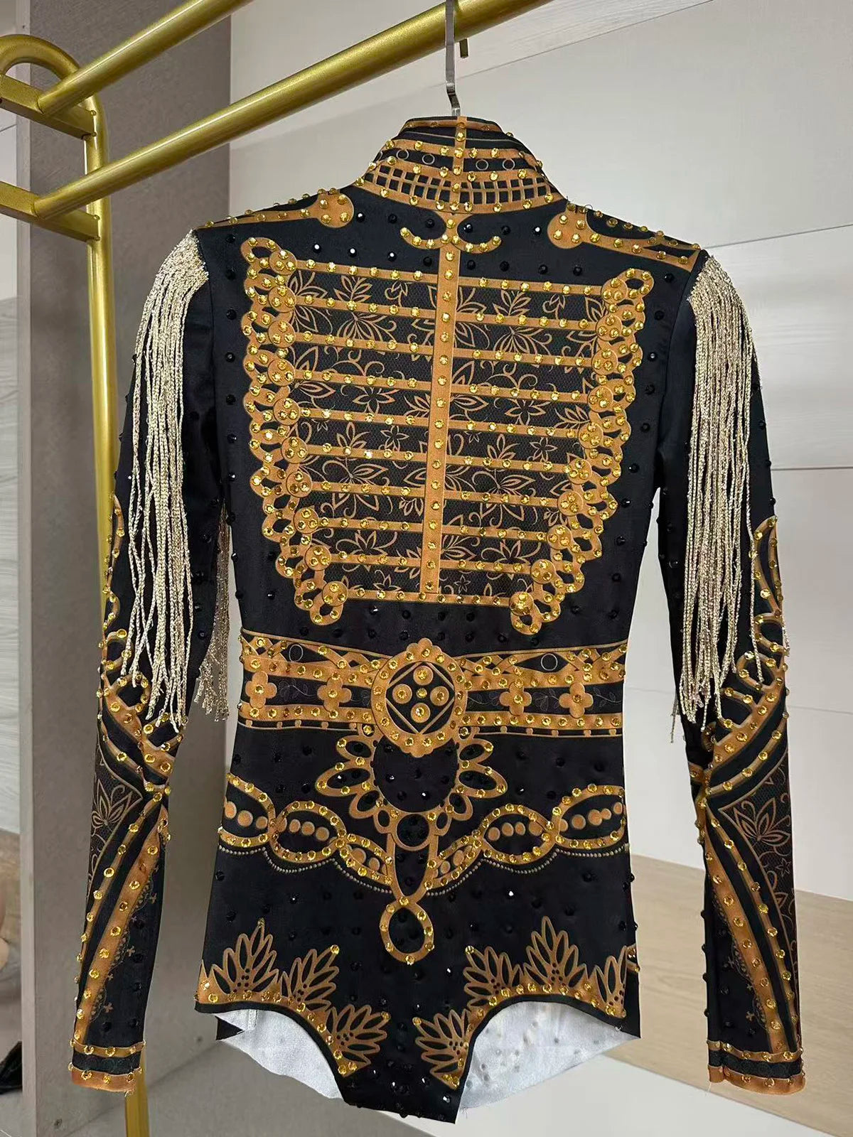 Luxury Black Gold Rhinestone Fringe Bodysuit