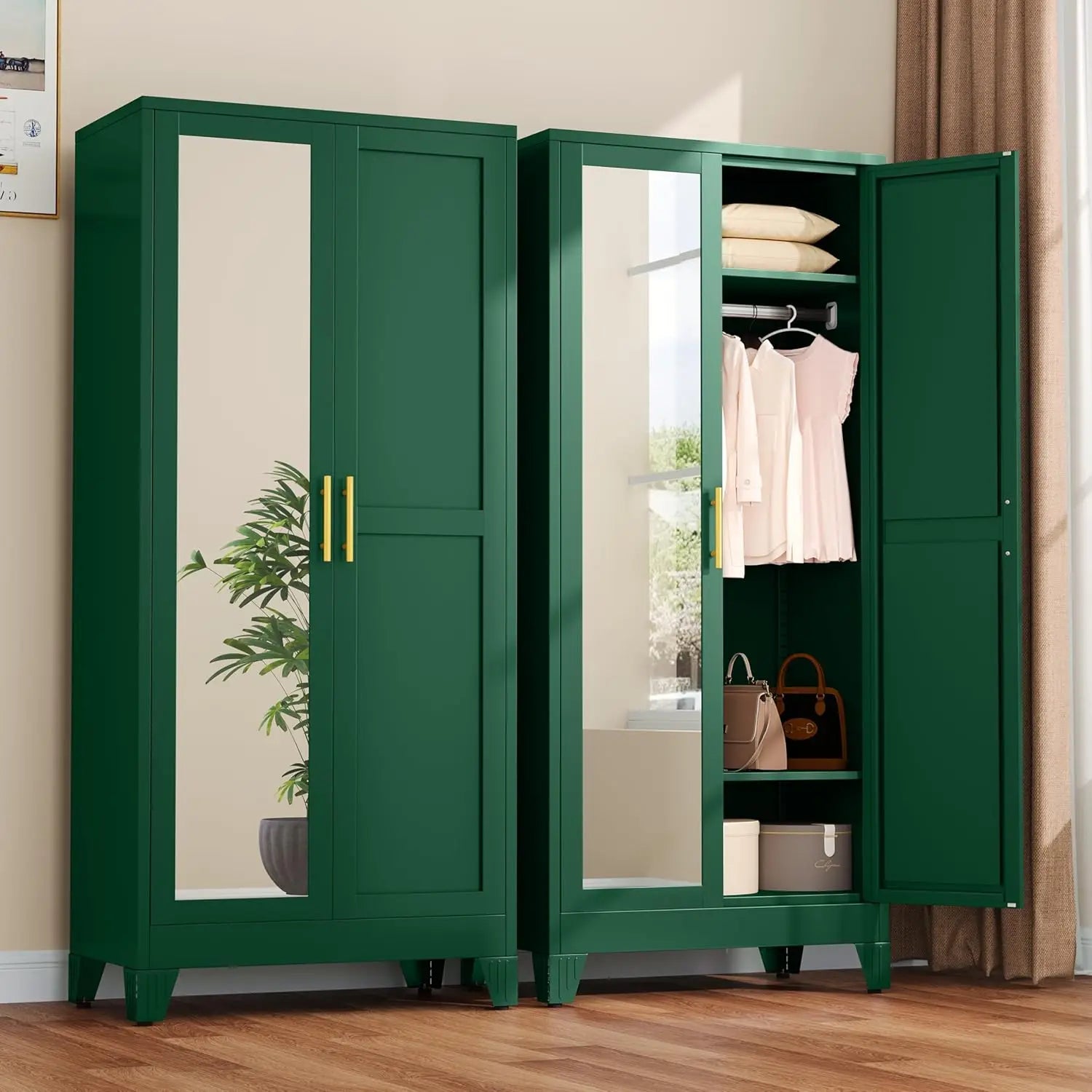 71" Metal Wardrobe Armoire 2 Mirror Doors