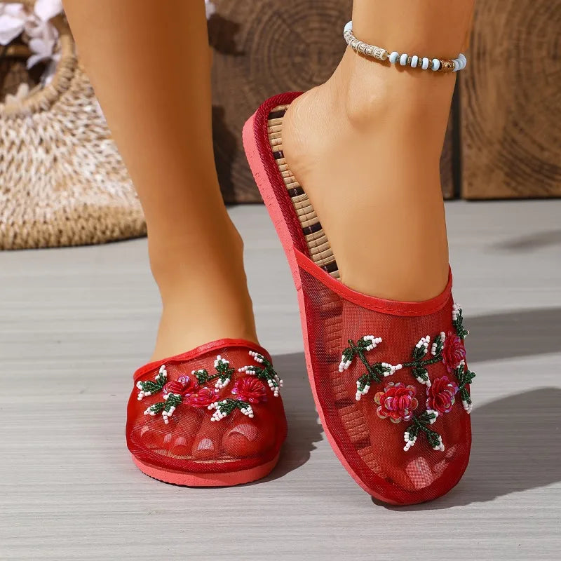 Closed Toe Embroider Flower Solid Soft Bottom Sandals